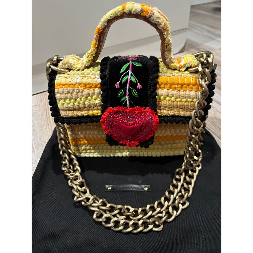 Kooreloo Petite Divine Yellow Woven Handbag Heart Embroidery Chain Crossbody NEW